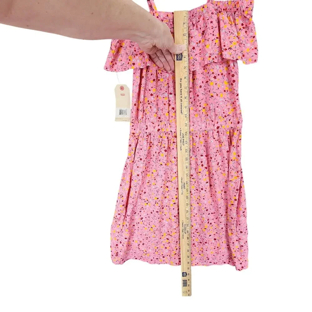 Levis Ruffle Dress L Kids Girl Cold Shoulder Floral Pink Tiered Midi 12-13yr NEW